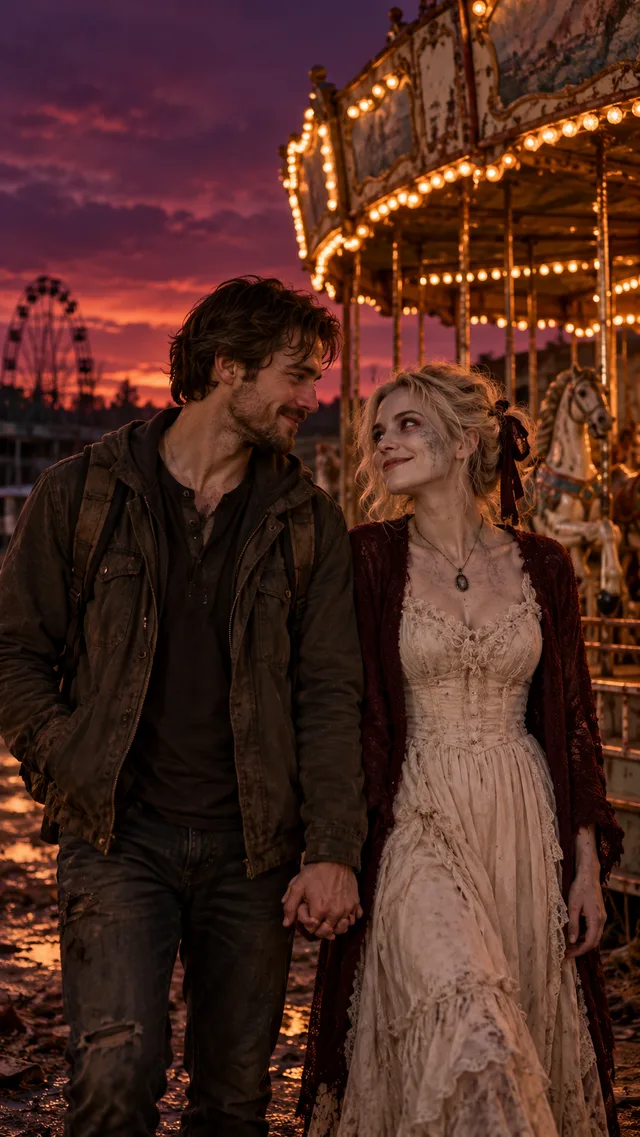 Fictional adult couple holding hands beside a deserted carousel
