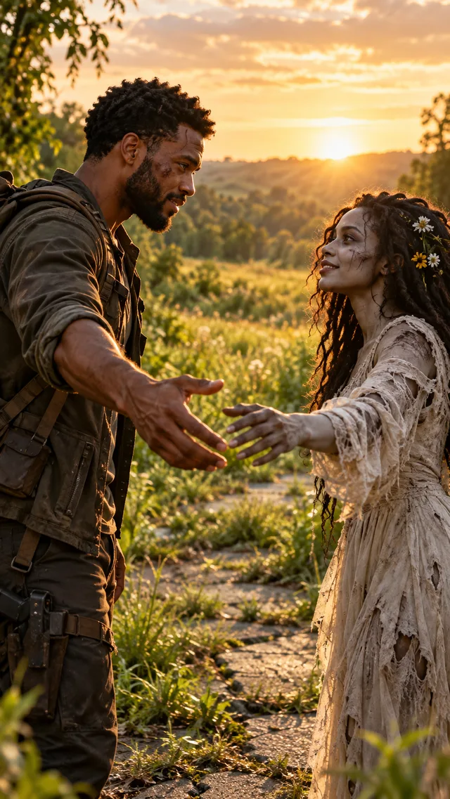Fictional adult couple reaching for one another in a sunlit meadow