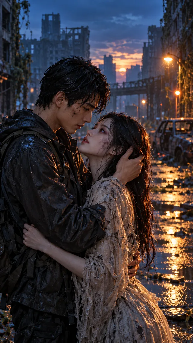 Fictional adult couple embracing on a rain-soaked street