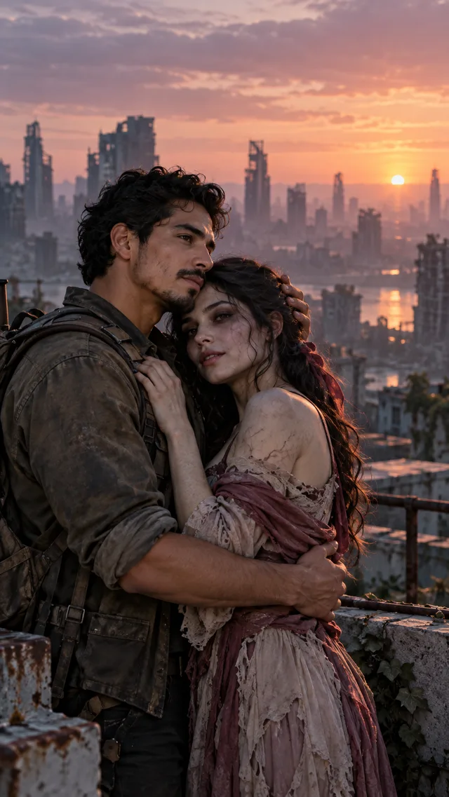 Fictional adult couple holding each other on a rooftop at dawn